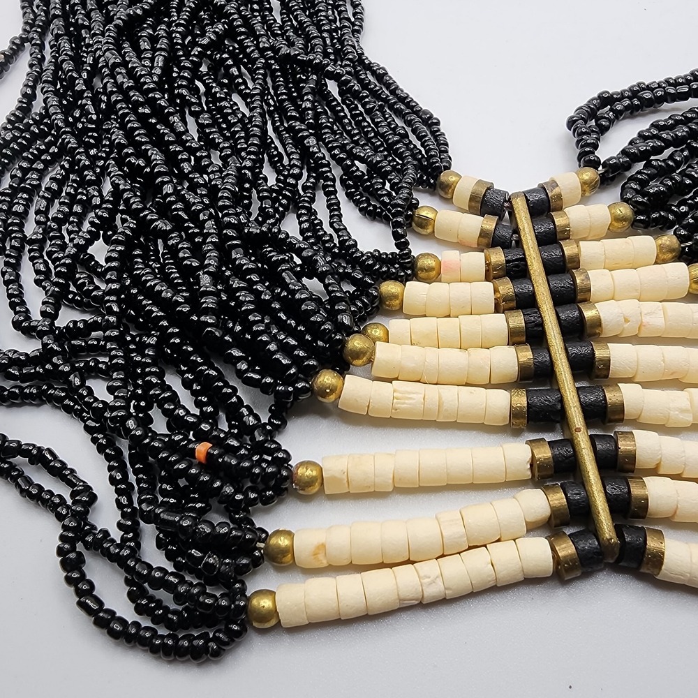 Vintage Boho Tribal Ethnic Black Glass Seed Bead Waterfall Layered Bib Necklace - Picture 4 of 16